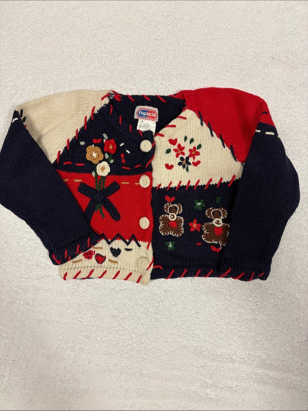Vintage popsicle brand ramie Kids Red, Navy & Cream Teddy Cardigan Sweater 4